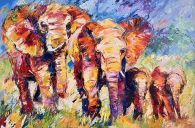 Schilderijen: Afrika, Elephantfamily with twins, 100x150 cm, olieverf op linnen, € 3850,-