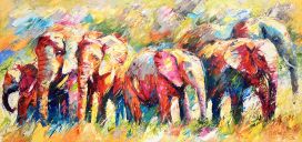 Schilderijen: Afrika, Elephants in a semicircle, 80x170 cm, olieverf op linnen, € 3600,-
