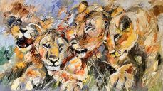 Schilderijen: Afrika, Lion puppies, 90x170 cm, olieverf op linnen, € 3800,-