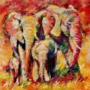 Gemälden: Verkauft, Elephant family close together, Öl auf Leinwand, 110x110 cm